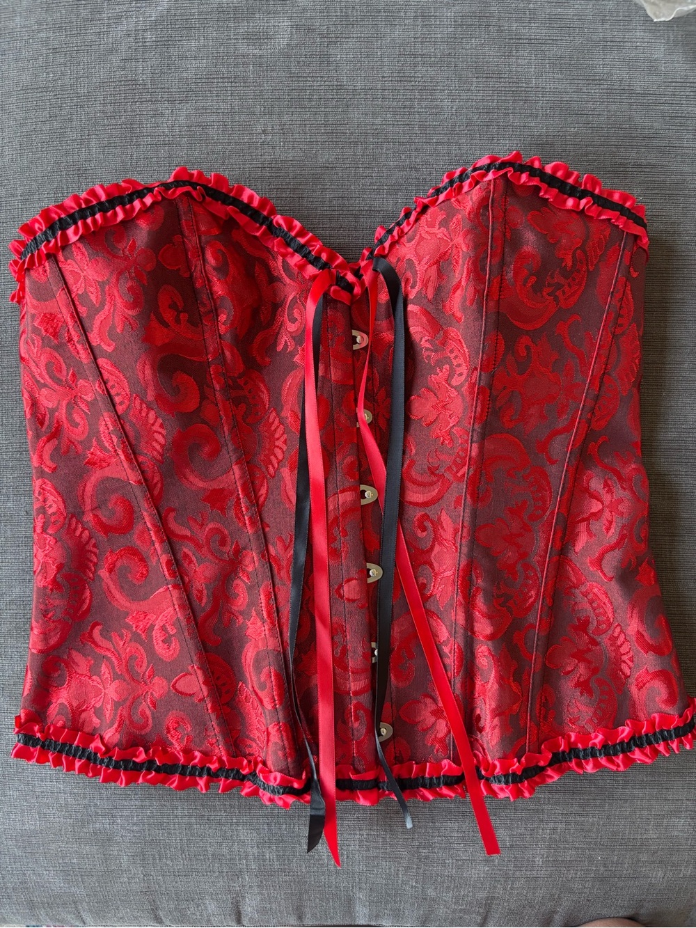 Victorian Steampunk Red Damask Corset Top with Ribbon Ruffle Trim XL New